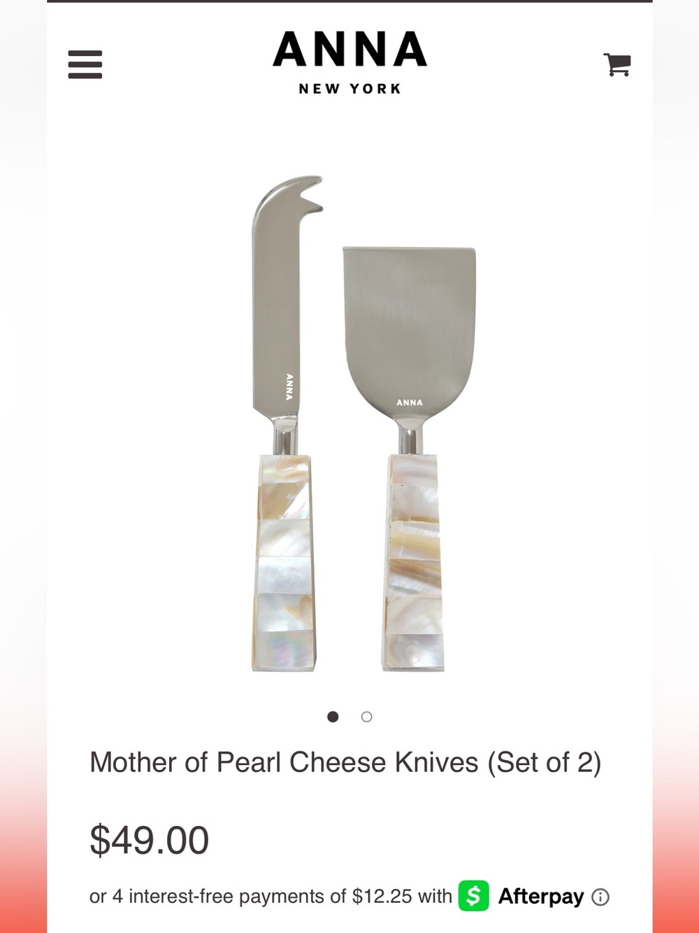 NWT ANNA Mother of Pearl Handle Cheese Knives (Set of 2)